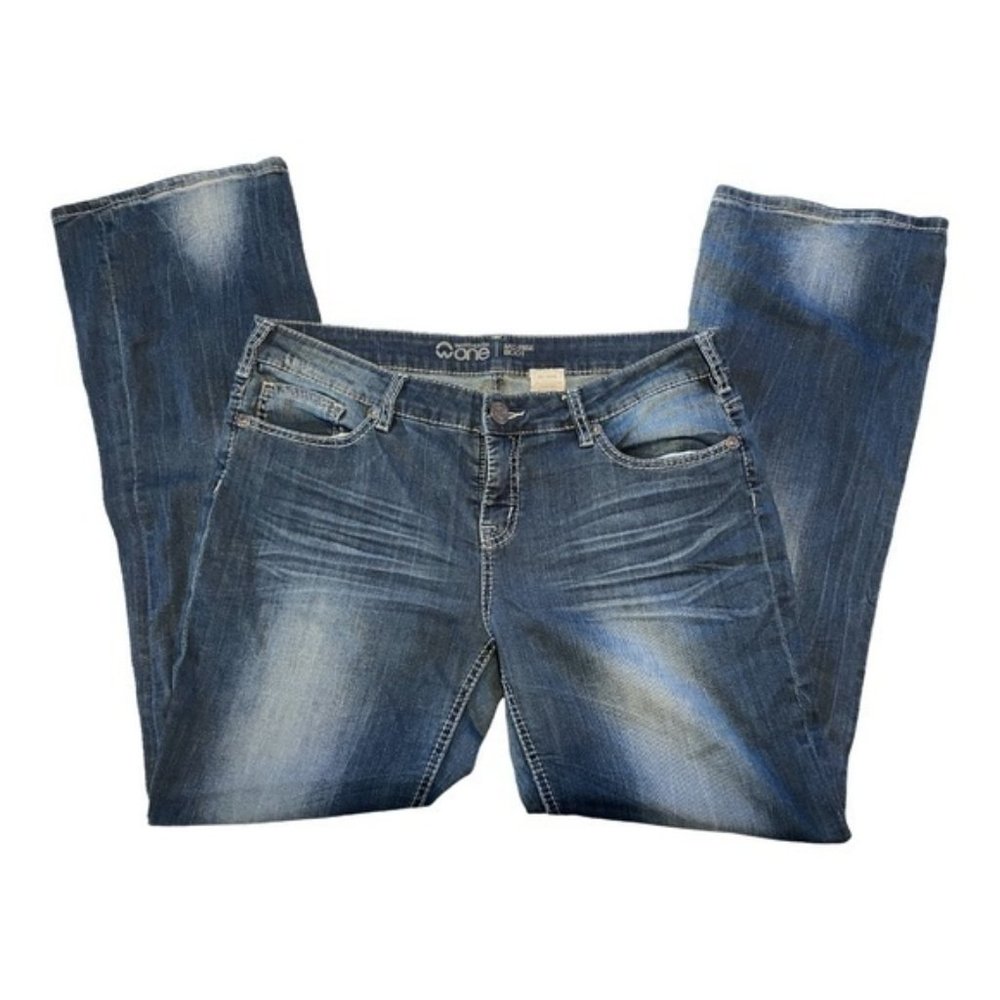 Warehouse One Womens Mid Rise Boot Cut Jeans Dark Wash Faded Leg
